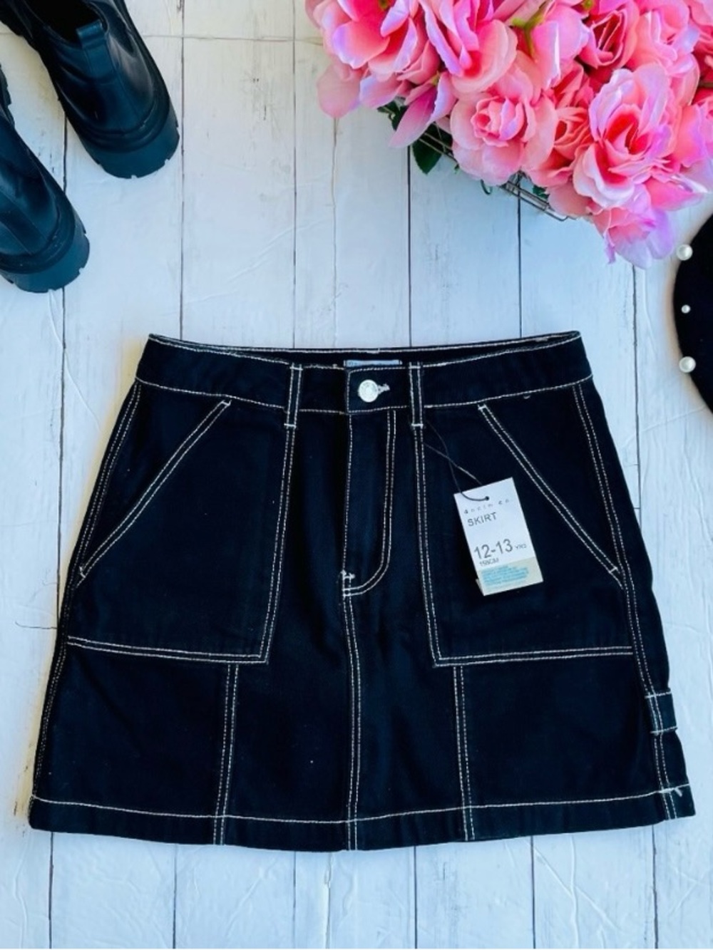 Girls Contrast-Stitch Black Skirt - Denim & Co NEW